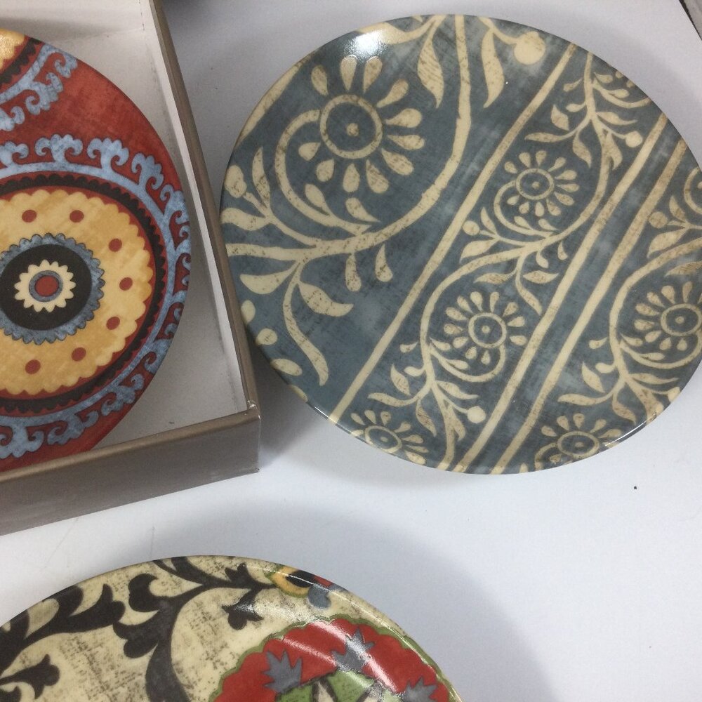 Pier 1 Appetizer Ceramic Plates Set of 4 Multicolor Geometric Design with Box - Picture 3 of 6
